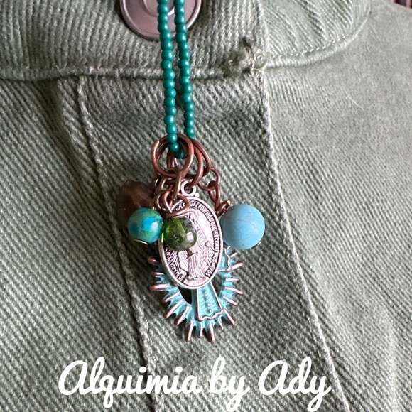 Turquoise rustic cross Virgin Mary charms nest beaded boho necklace - Picture 2 of 2